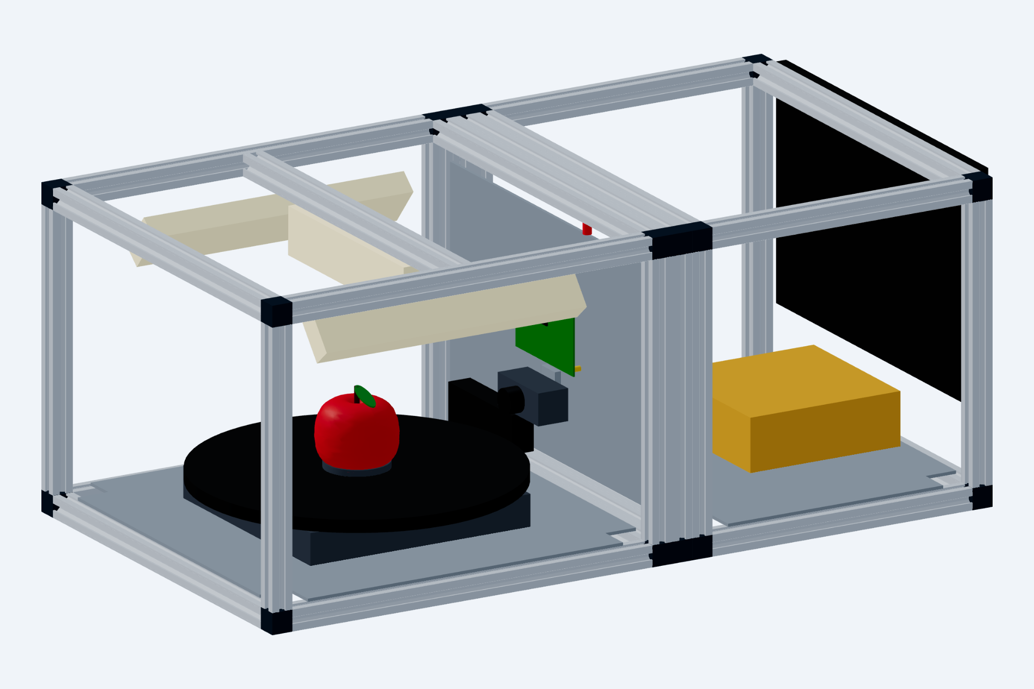 Chrysalis hardware-in-the-loop training rig: aluminium extrusion frame, motorised rotating turntable, camera gantry, and acoustic panels